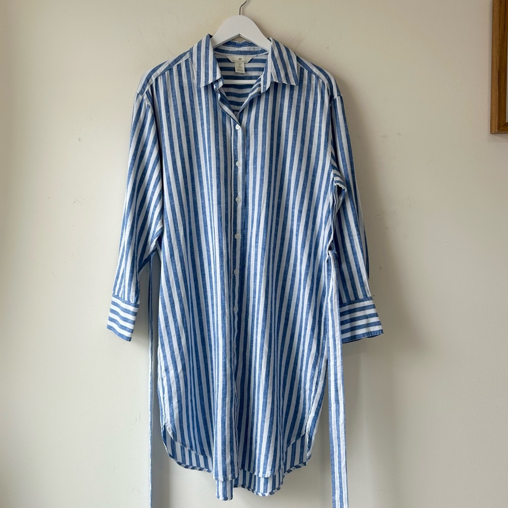 H&M Blue and White Striped Button Down Shirt Midi Dress Size Small Nautical